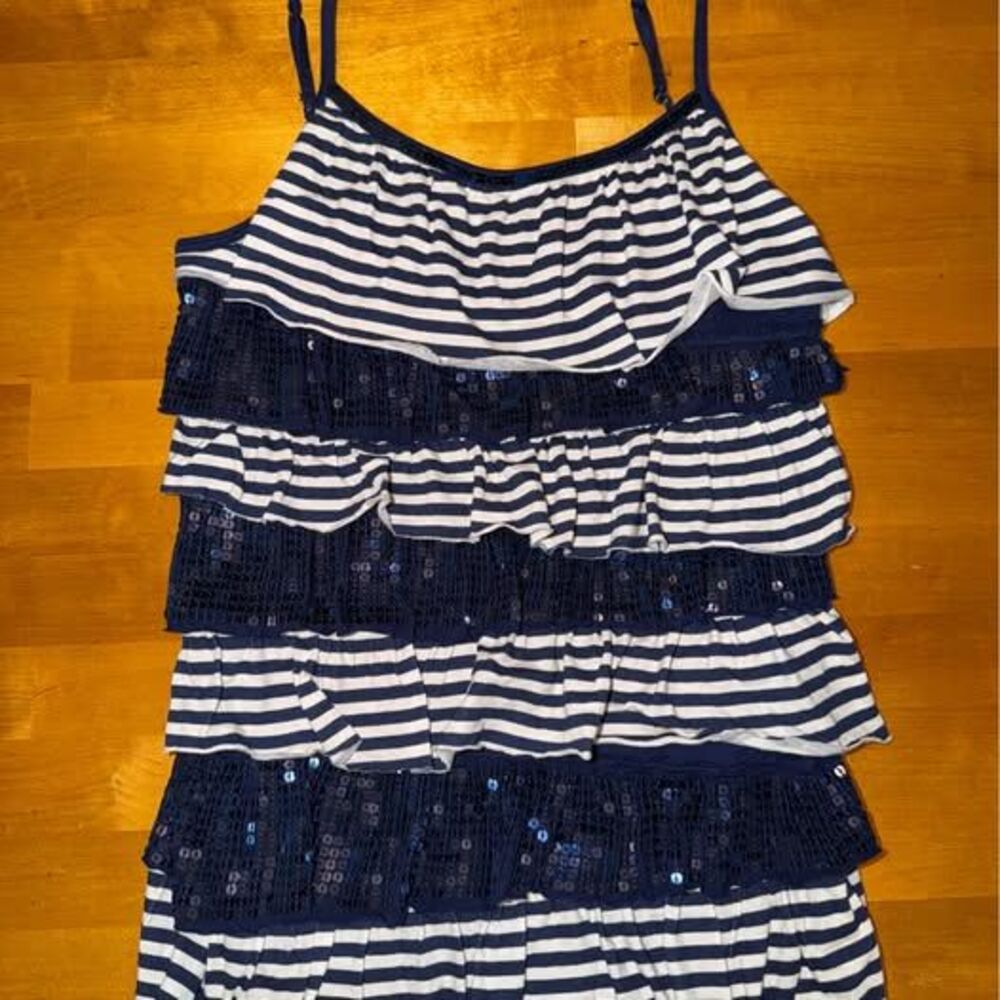 Girls Justice Navy Blue and White Stripped and Sequin Spagetti Strap Shirt Sz 16
